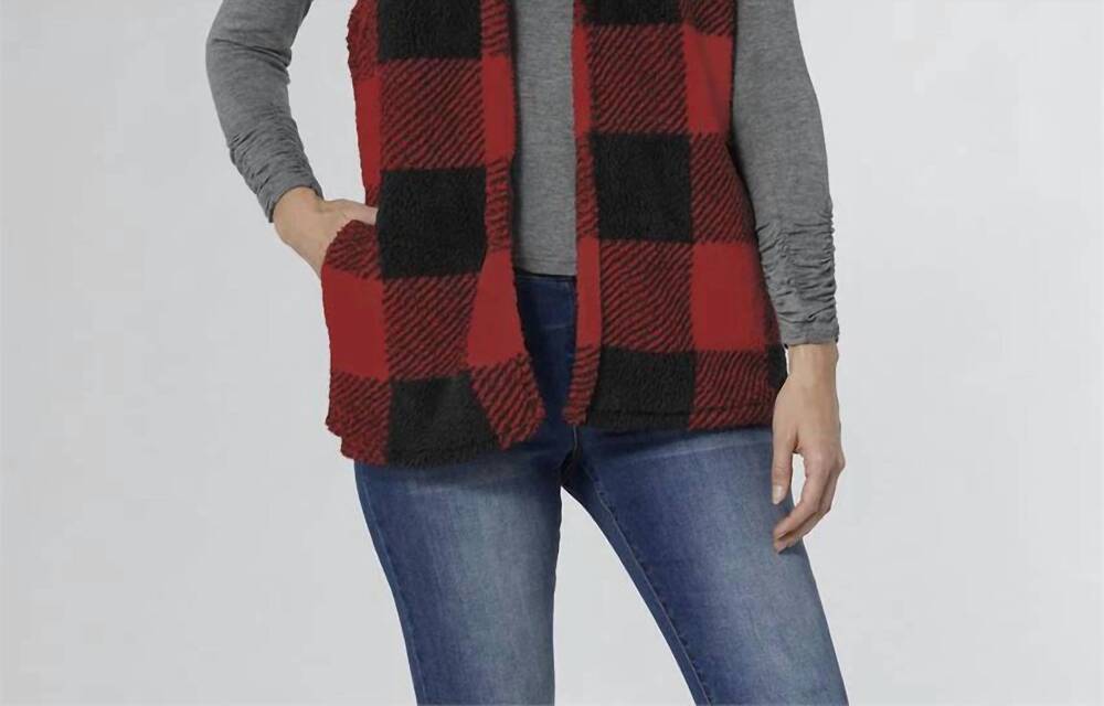 NEW COCO + CARMEN nancy plaid hooded vest in red / black
